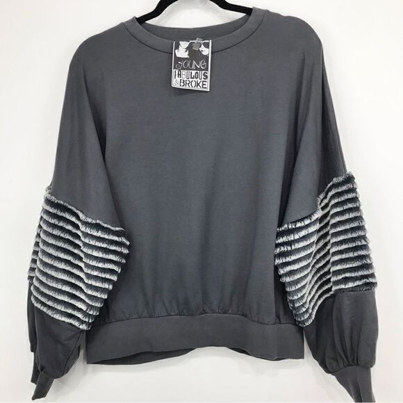 Young Fabulous and Broke Gray Faux Fur Stripe Sleeve Cozy Pullover - Picture 5 of 16